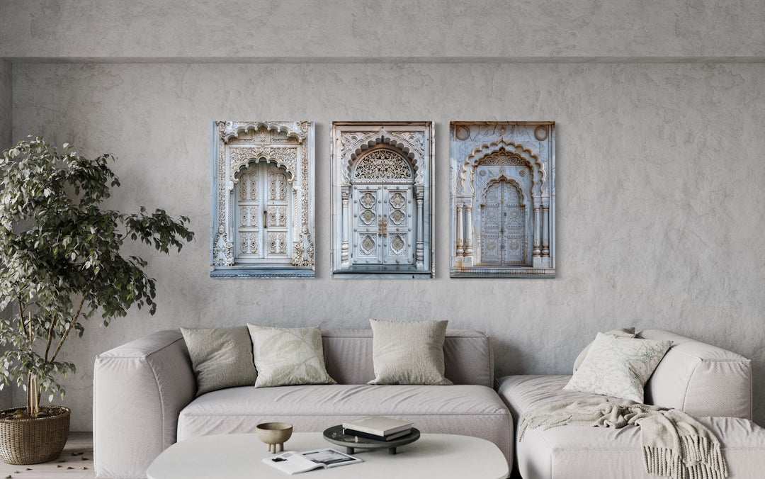 Set Of Three Neutral Grey Indian Doors Framed Canvas Wall Art