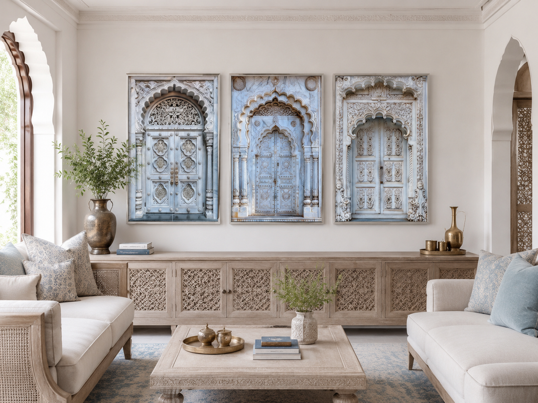 Set of three framed canvas prints featuring intricately carved neutral grey Indian doors.