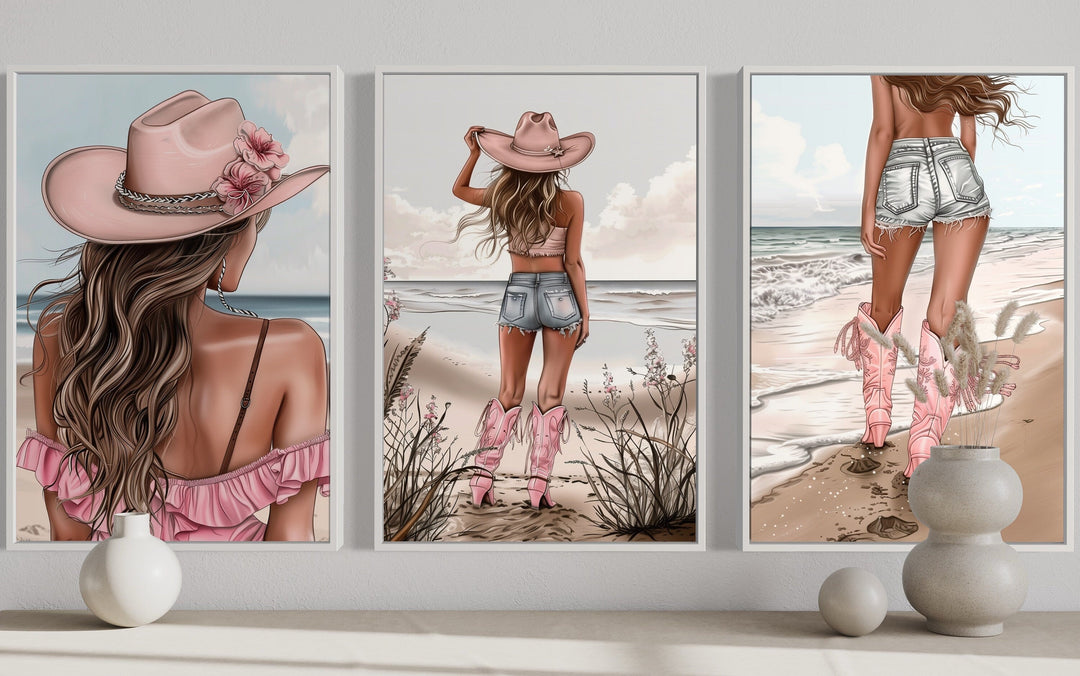 Set Of Three Pink Coastal Cowgirl Canvas Wall Art