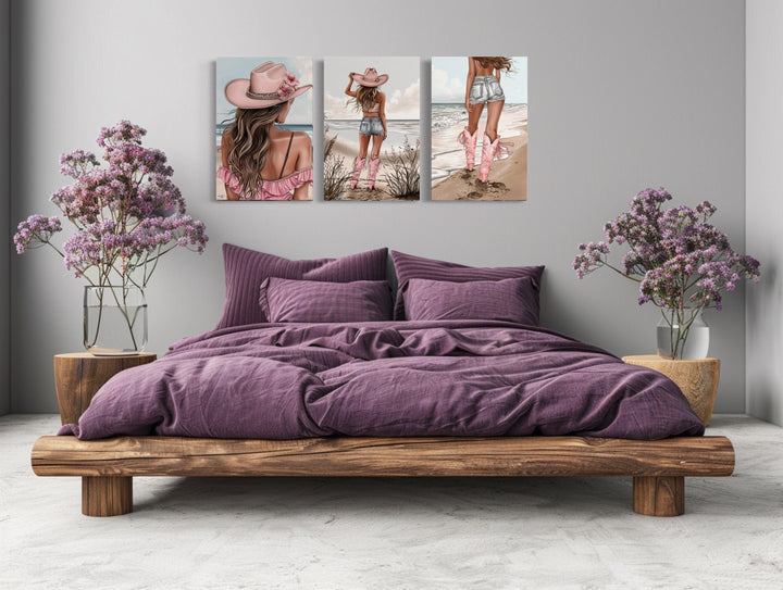 Set Of Three Pink Coastal Cowgirl Canvas Wall Art