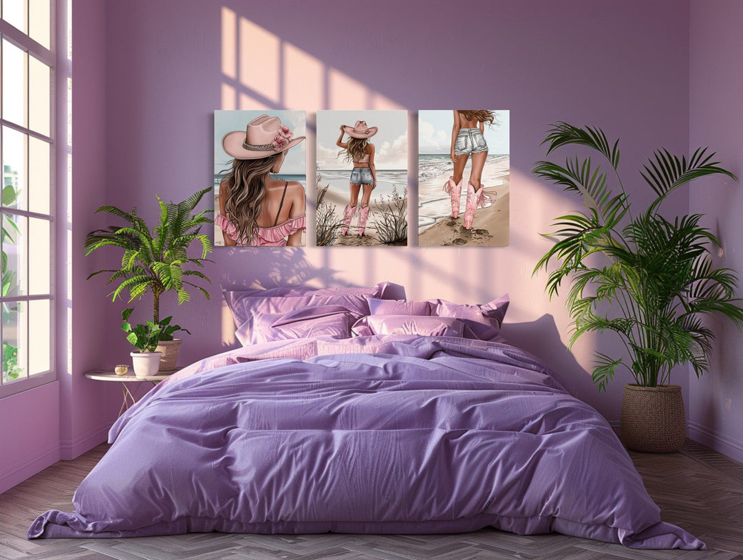 Set Of Three Pink Coastal Cowgirl Canvas Wall Art