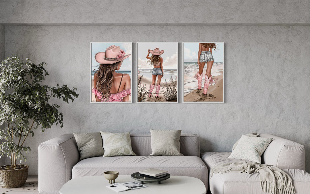 Set Of Three Pink Coastal Cowgirl Canvas Wall Art