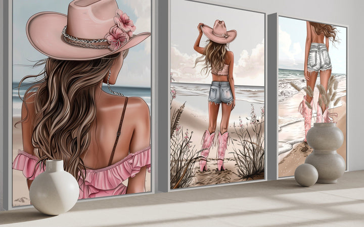 Set Of Three Pink Coastal Cowgirl Canvas Wall Art