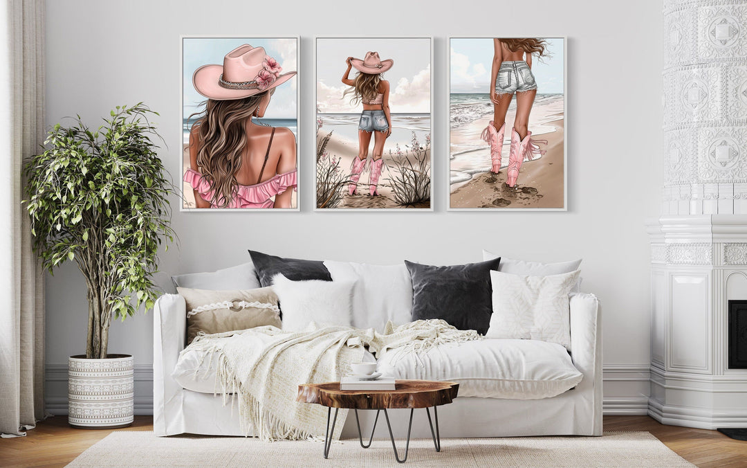 Set Of Three Pink Coastal Cowgirl Canvas Wall Art