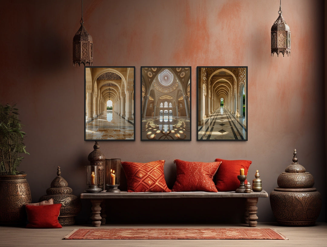 Set Of Three White Beige Middle Eastern Architecture Framed Canvas Wall Art