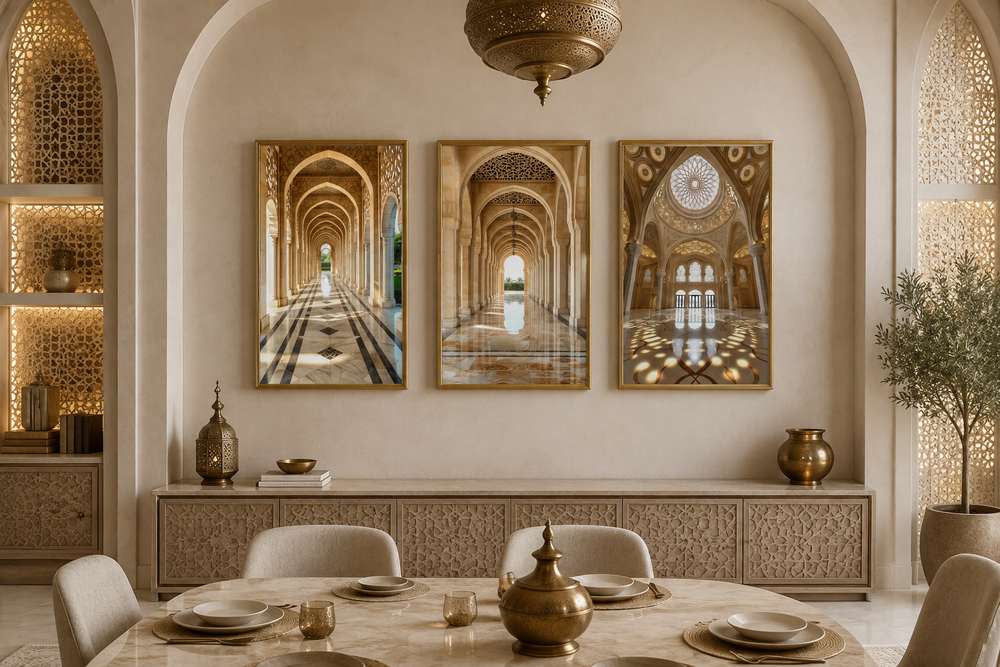 Set of three framed canvas prints featuring white and beige Middle Eastern architectural arches.