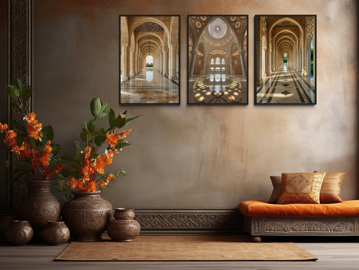 Set Of Three White Beige Middle Eastern Architecture Framed Canvas Wall Art