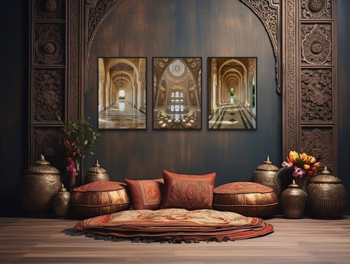 Set Of Three White Beige Middle Eastern Architecture Framed Canvas Wall Art