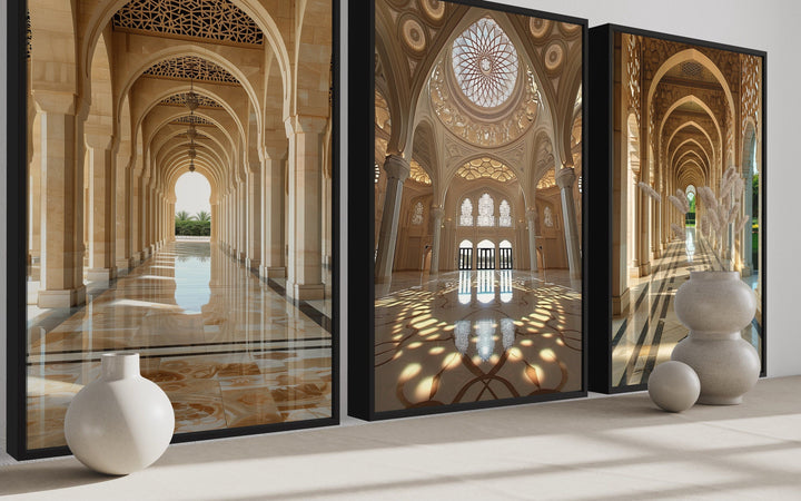 Set Of Three White Beige Middle Eastern Architecture Framed Canvas Wall Art