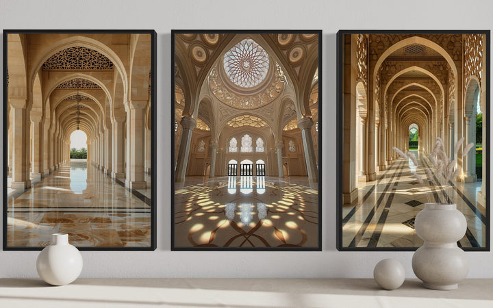 Set Of Three White Beige Middle Eastern Architecture Framed Canvas Wall Art