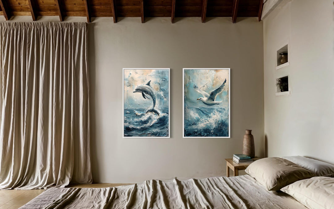 Set of 2 Abstract Seagull And Dolphin Coastal Framed Canvas Wall Art