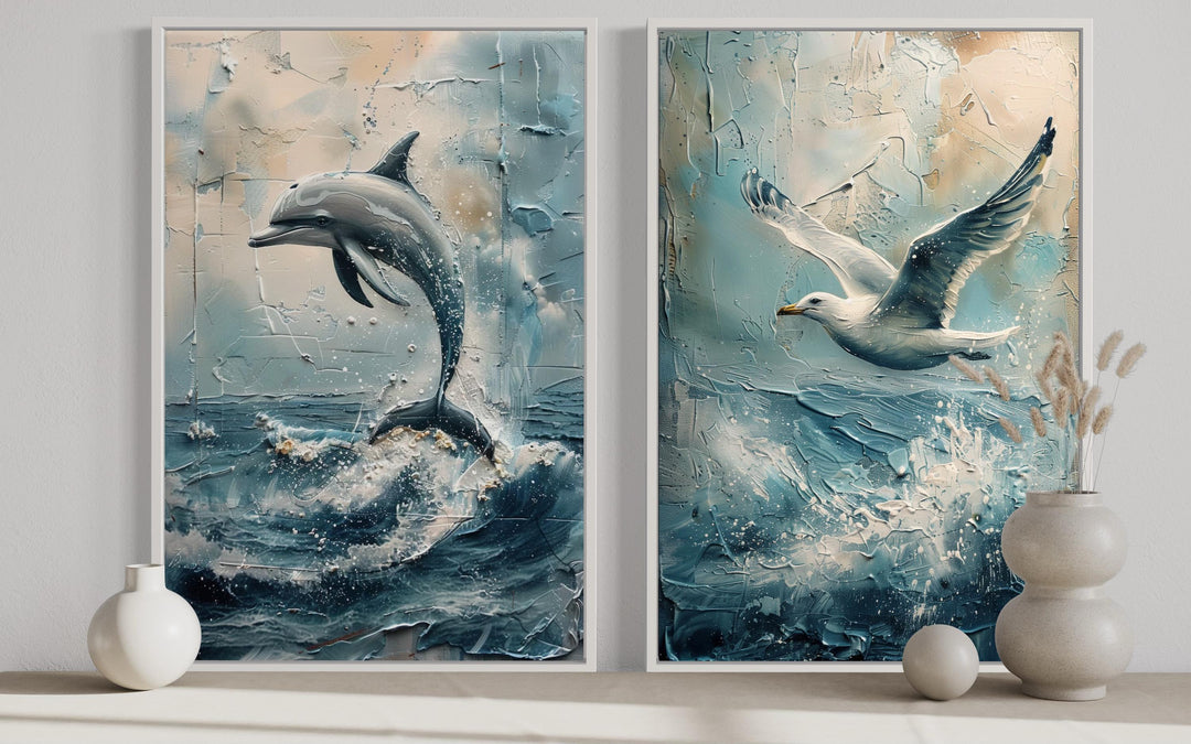 Set of 2 Abstract Seagull And Dolphin Coastal Framed Canvas Wall Art