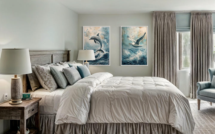 Set of 2 Abstract Seagull And Dolphin Coastal Framed Canvas Wall Art