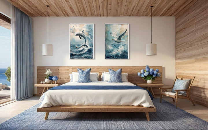 Set of 2 Abstract Seagull And Dolphin Coastal Framed Canvas Wall Art