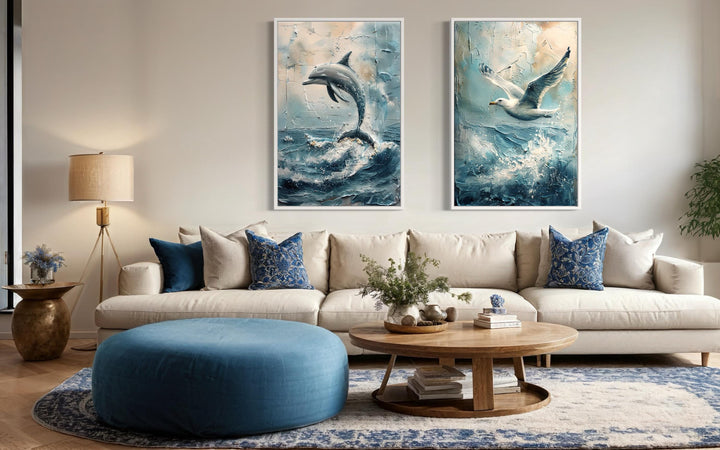 Set of 2 Abstract Seagull And Dolphin Coastal Framed Canvas Wall Art