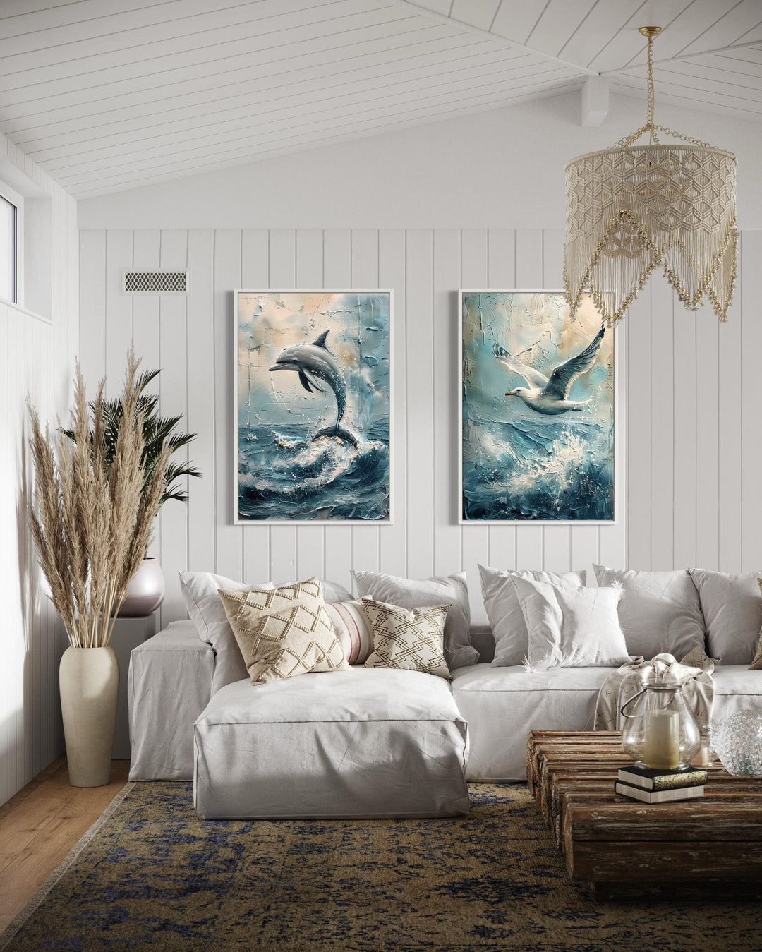 Set of 2 Abstract Seagull And Dolphin Coastal Framed Canvas Wall Art