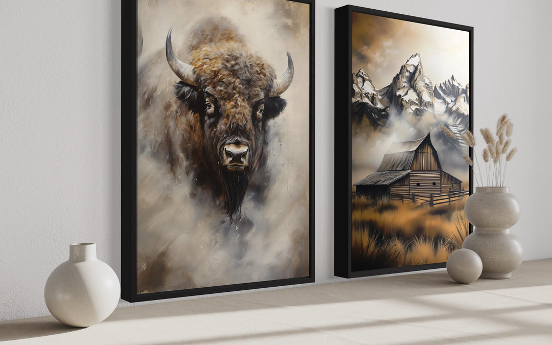 Set of 2 American Bison And Moulton Barn in Grand Teton Mountains Wall Art