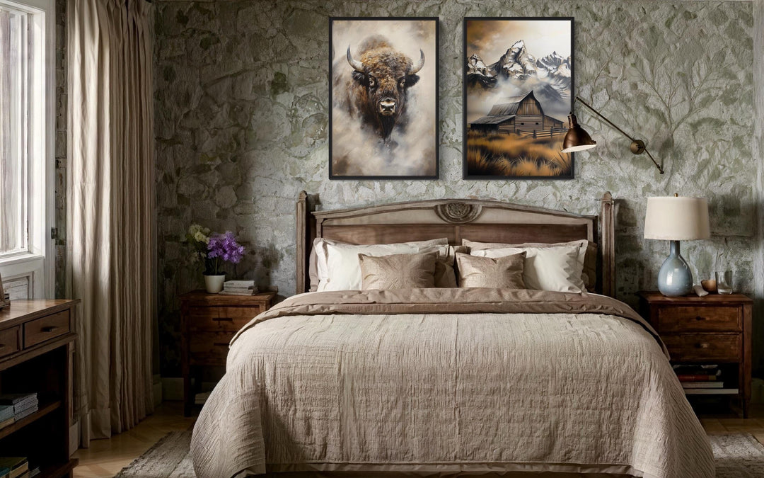 Set of 2 American Bison And Moulton Barn in Grand Teton Mountains Wall Art