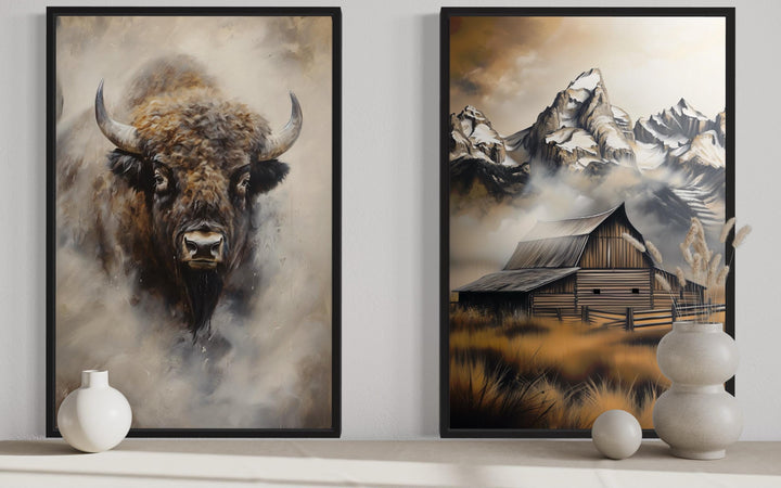 Set of 2 American Bison And Moulton Barn in Grand Teton Mountains Wall Art