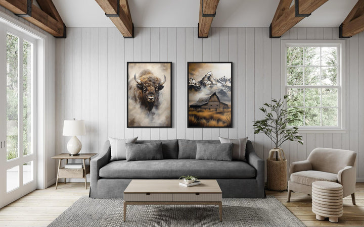 Set of 2 American Bison And Moulton Barn in Grand Teton Mountains Wall Art