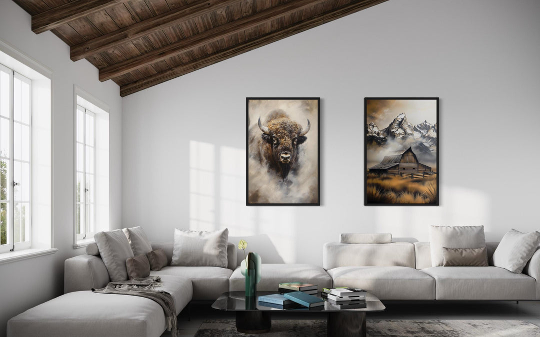 Set of 2 American Bison And Moulton Barn in Grand Teton Mountains Wall Art