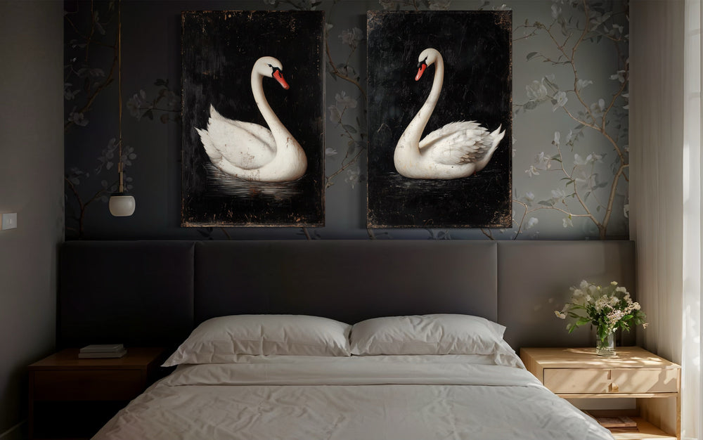 Set of 2 Antique White Swans On Black Background Romantic Framed Canvas Wall Art