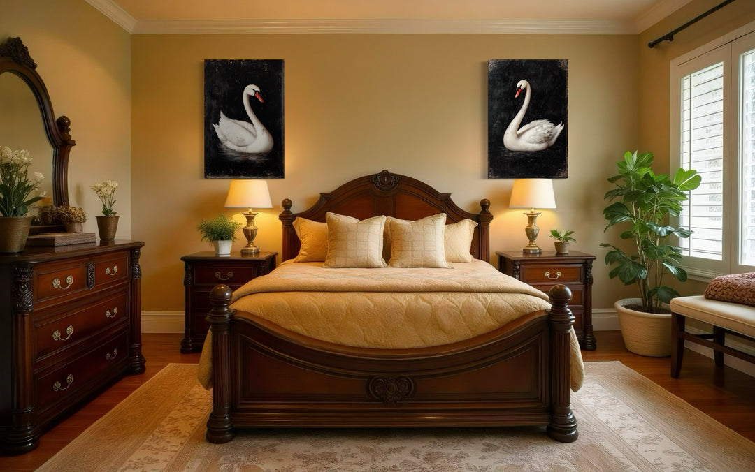 Set of 2 Antique White Swans On Black Background Romantic Framed Canvas Wall Art