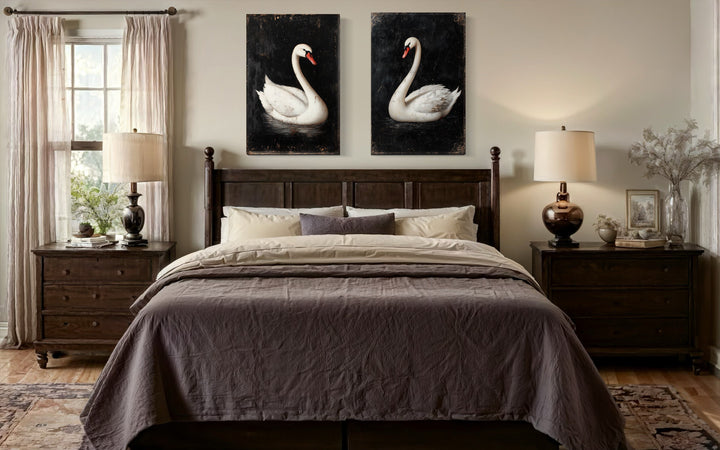 Set of 2 Antique White Swans On Black Background Romantic Framed Canvas Wall Art