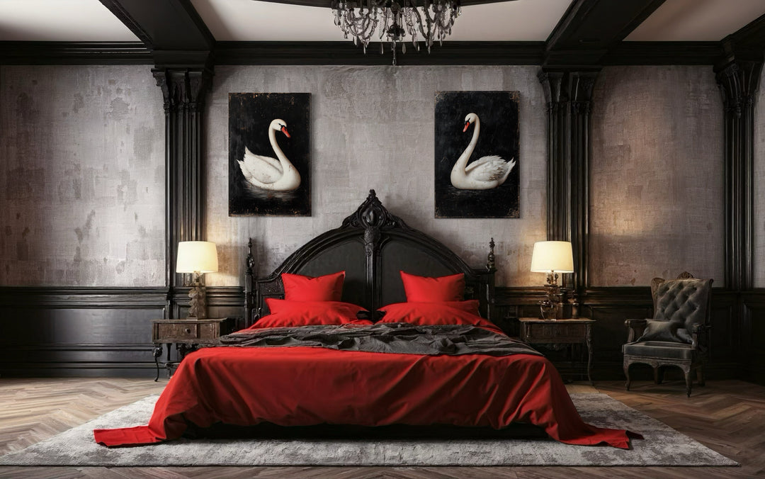 Set of 2 Antique White Swans On Black Background Romantic Framed Canvas Wall Art