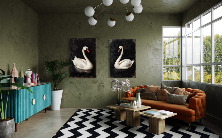 Set of 2 Antique White Swans On Black Background Romantic Framed Canvas Wall Art