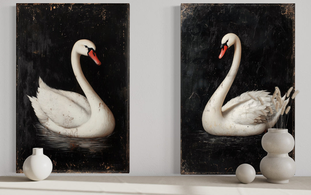 Set of 2 Antique White Swans On Black Background Romantic Framed Canvas Wall Art