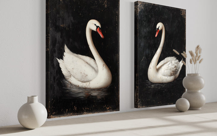 Set of 2 Antique White Swans On Black Background Romantic Framed Canvas Wall Art