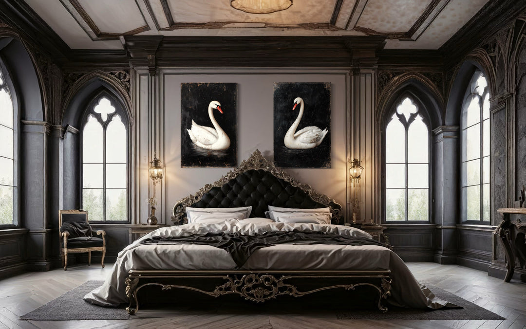 Set of 2 Antique White Swans On Black Background Romantic Framed Canvas Wall Art