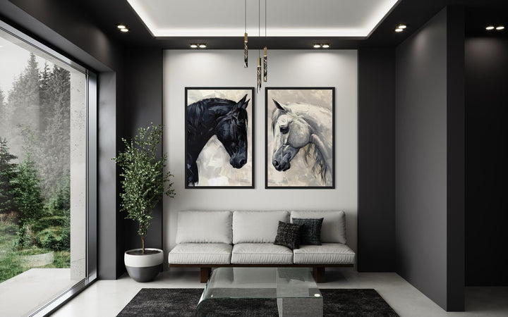 Set of 2 framed canvas prints featuring a black horse and a white horse facing each other.