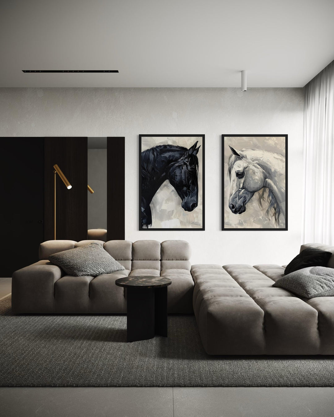 Set of 2 framed canvas wall art featuring black and white horse portraits above a modern sofa.