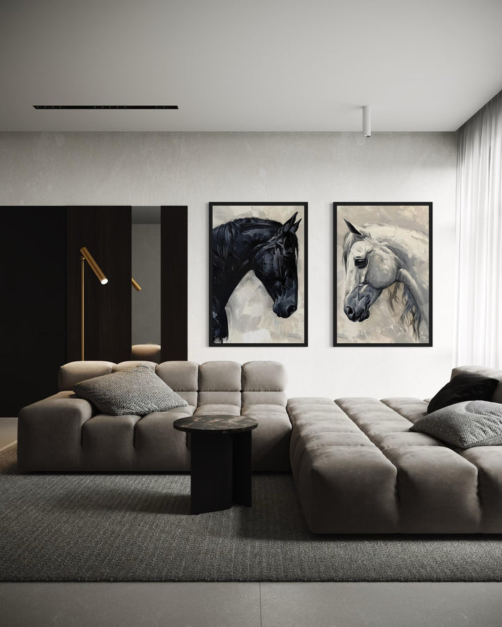 Set of 2 framed canvas wall art featuring black and white horse portraits above a modern sofa.