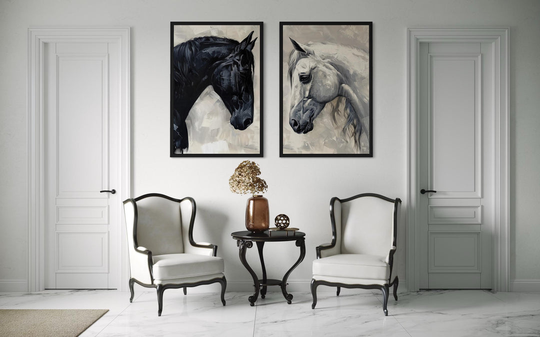 Set of 2 framed canvas wall art prints featuring black and white horse portraits above two chairs.