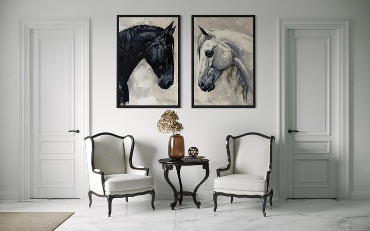 Set of 2 framed canvas wall art prints featuring black and white horse portraits above two chairs.
