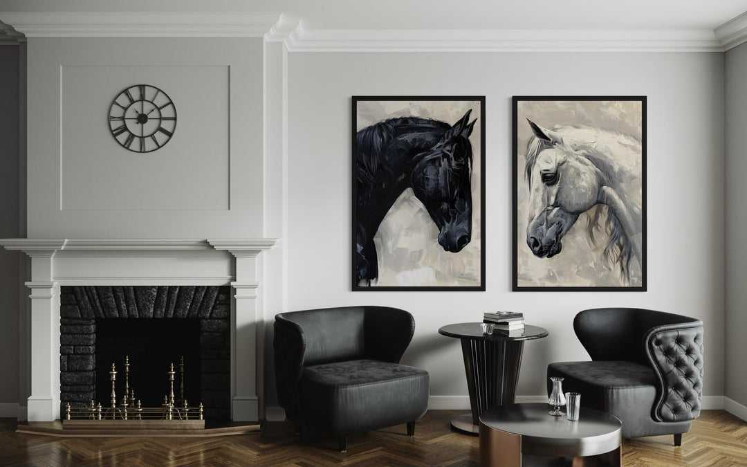 Set of 2 framed canvas wall art featuring black and white horse portraits in a modern living room.