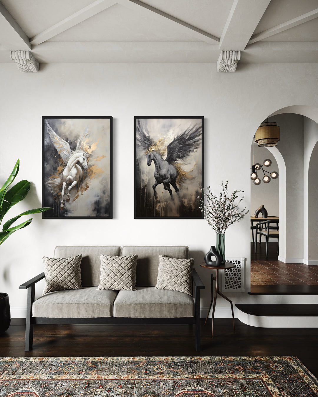 Set of 2 Black White Gold Pegasus Romantic Framed Canvas Wall Art