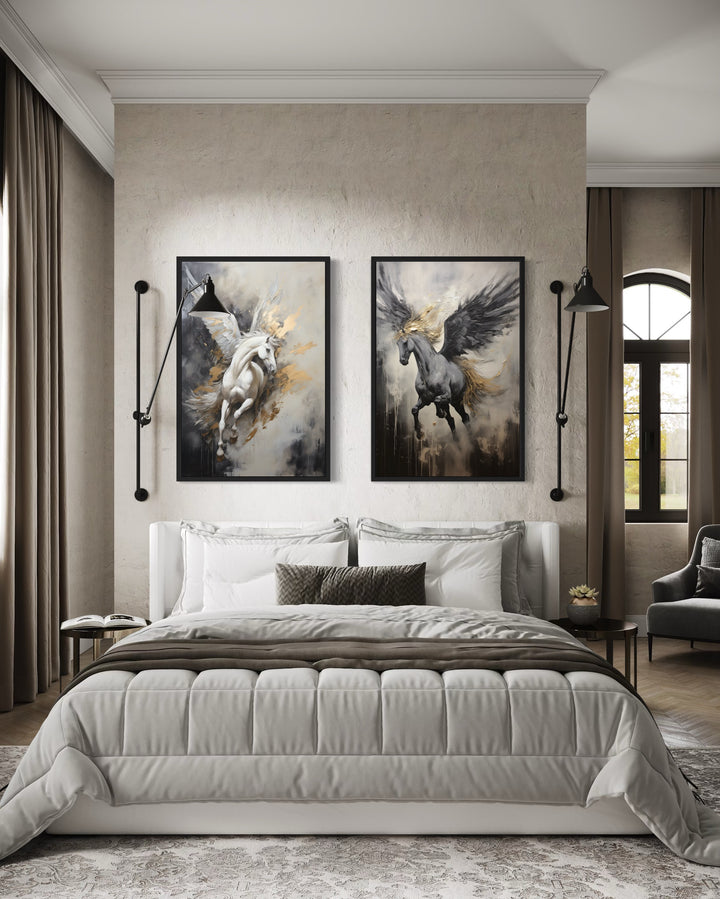 Set of 2 Black White Gold Pegasus Romantic Framed Canvas Wall Art