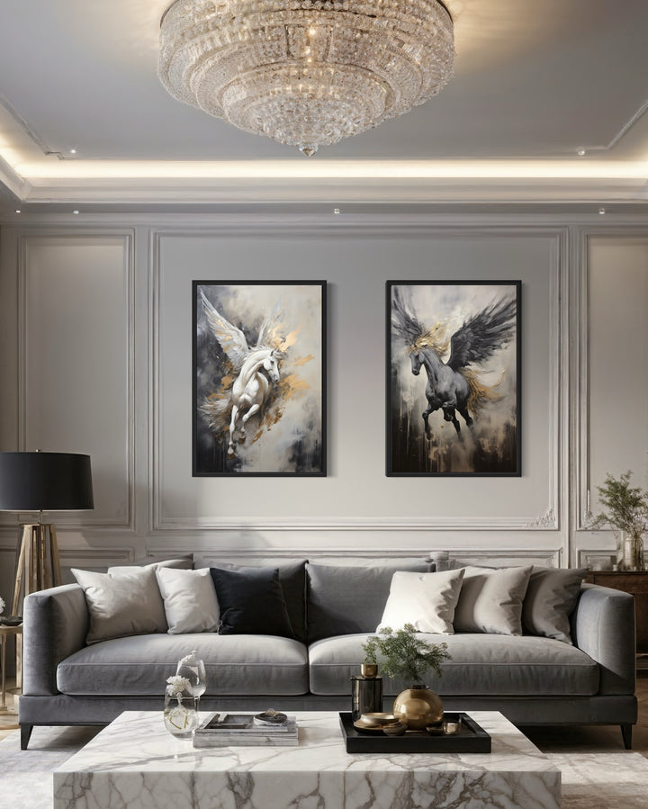 Set of 2 Black White Gold Pegasus Romantic Framed Canvas Wall Art