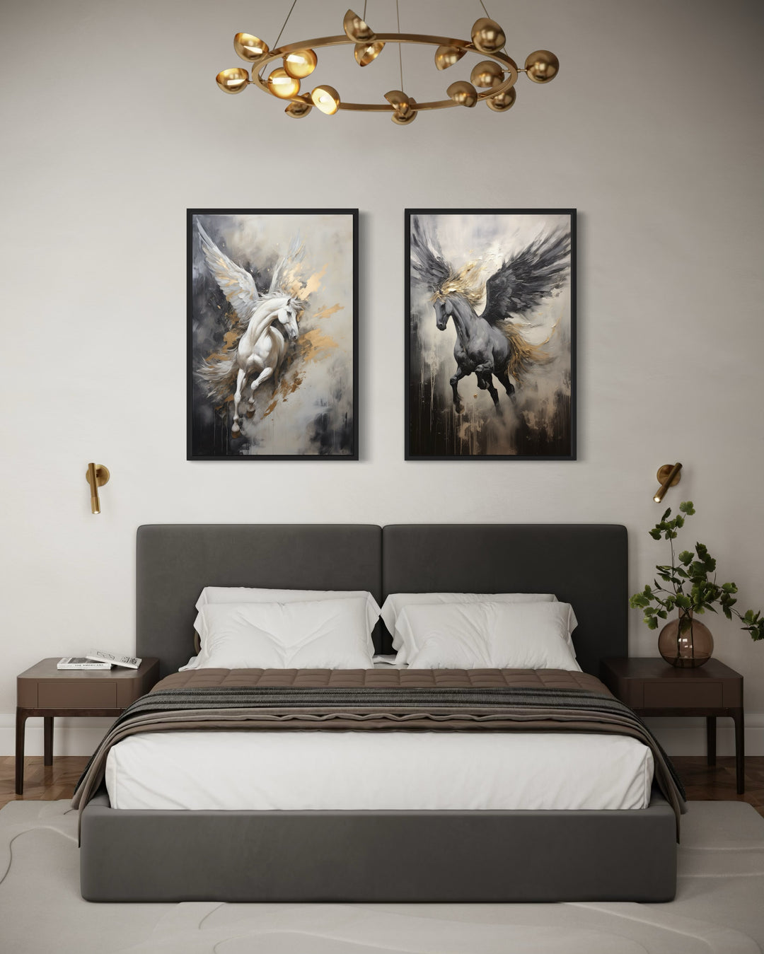 Set of 2 Black White Gold Pegasus Romantic Framed Canvas Wall Art