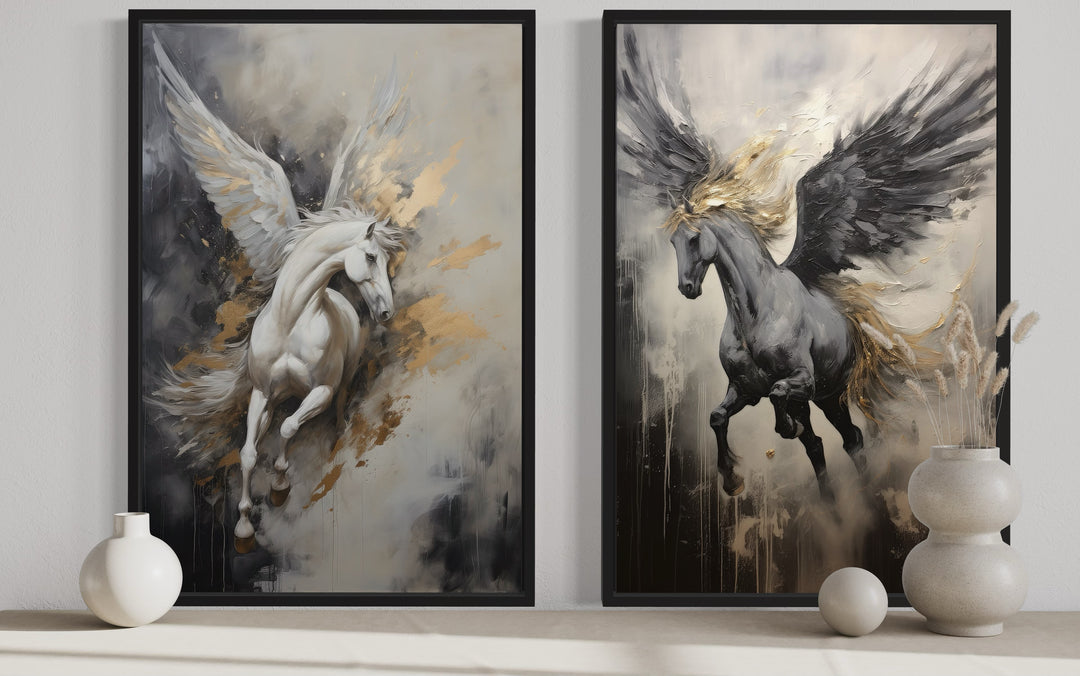 Set of 2 Black White Gold Pegasus Romantic Framed Canvas Wall Art