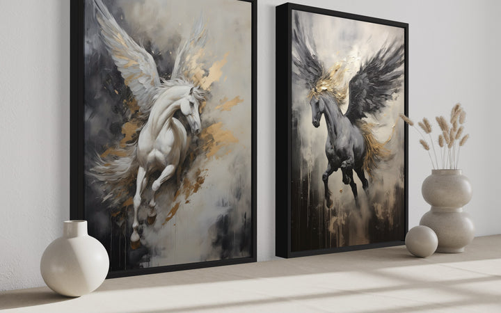 Set of 2 Black White Gold Pegasus Romantic Framed Canvas Wall Art