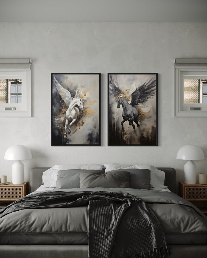 Set of 2 Black White Gold Pegasus Romantic Framed Canvas Wall Art