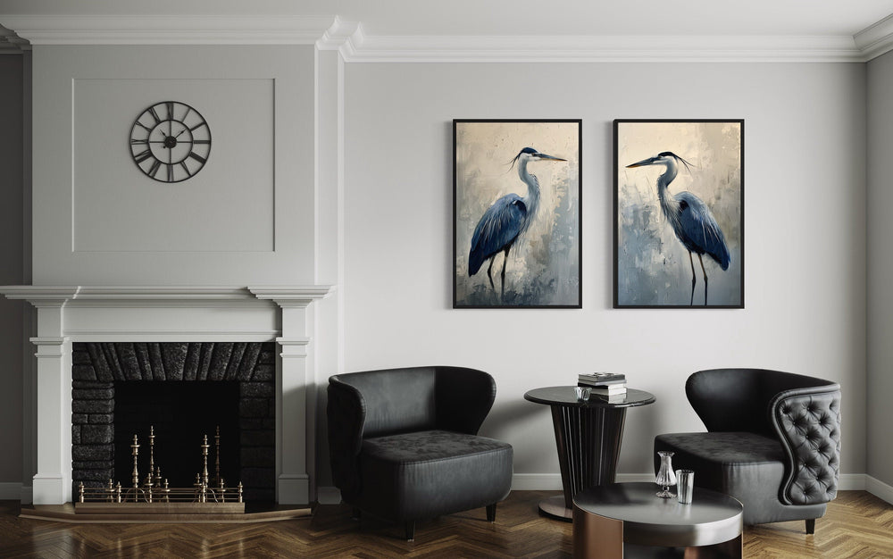 Set of 2 Blue Herons Abstract Coastal Birds Framed Canvas Wall Art