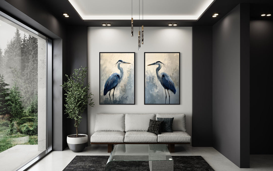 Set of 2 Blue Herons Abstract Coastal Birds Framed Canvas Wall Art