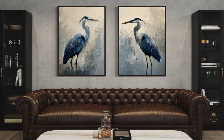 Set of 2 Blue Herons Abstract Coastal Birds Framed Canvas Wall Art