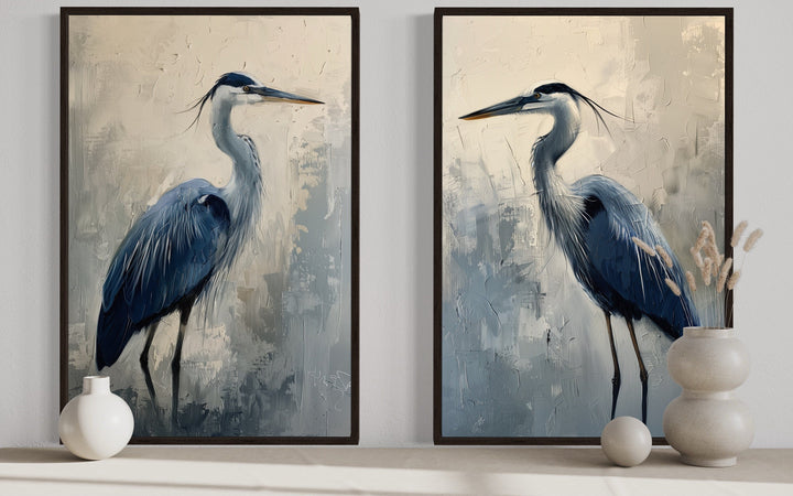 Set of 2 Blue Herons Abstract Coastal Birds Framed Canvas Wall Art